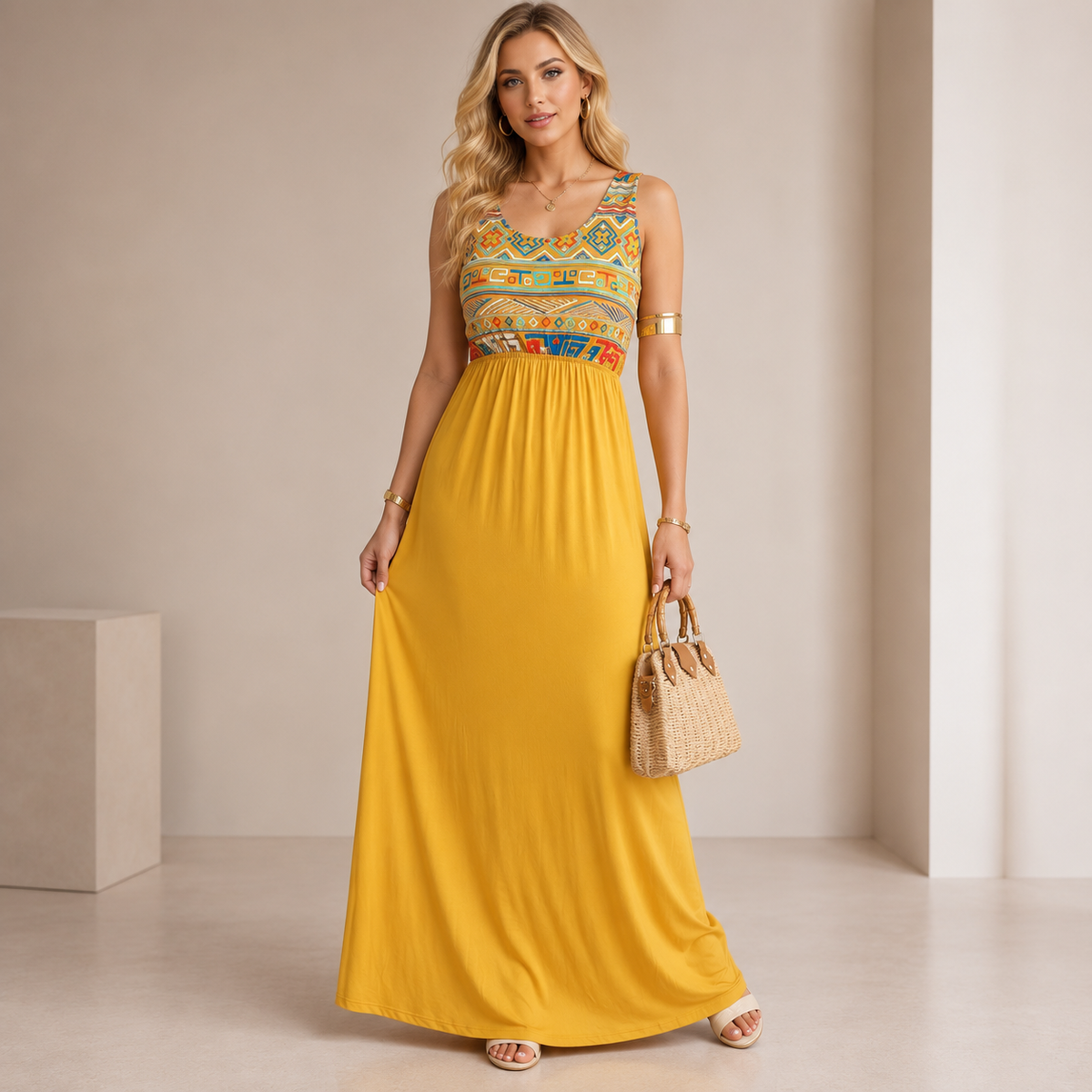 Vestido Largo Etniko Dorado