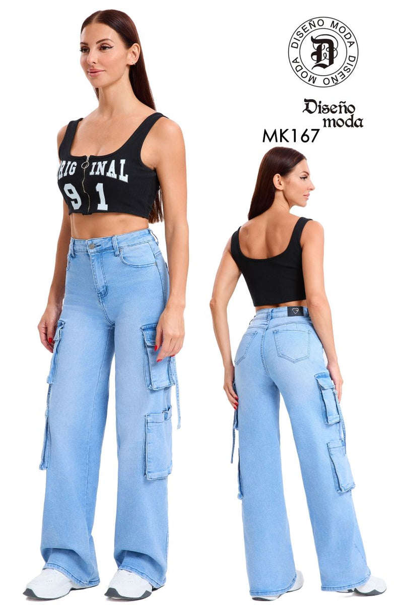 Jeans Mujer Cargo Palazzo Celeste
