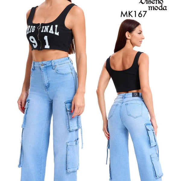 Jeans Mujer Cargo Palazzo Celeste